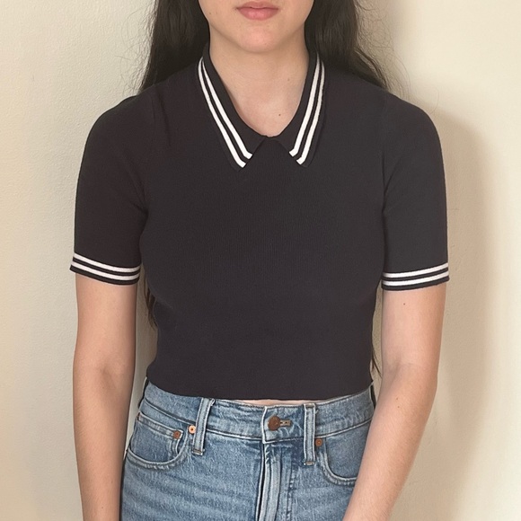 Baldwin Cropped Navy Collared Sweater Top Size XS - Picture 1 of 5